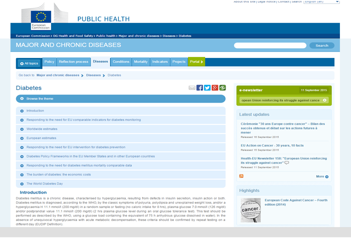 The European Commission (DG Health and Food Safety) website about Diabetes