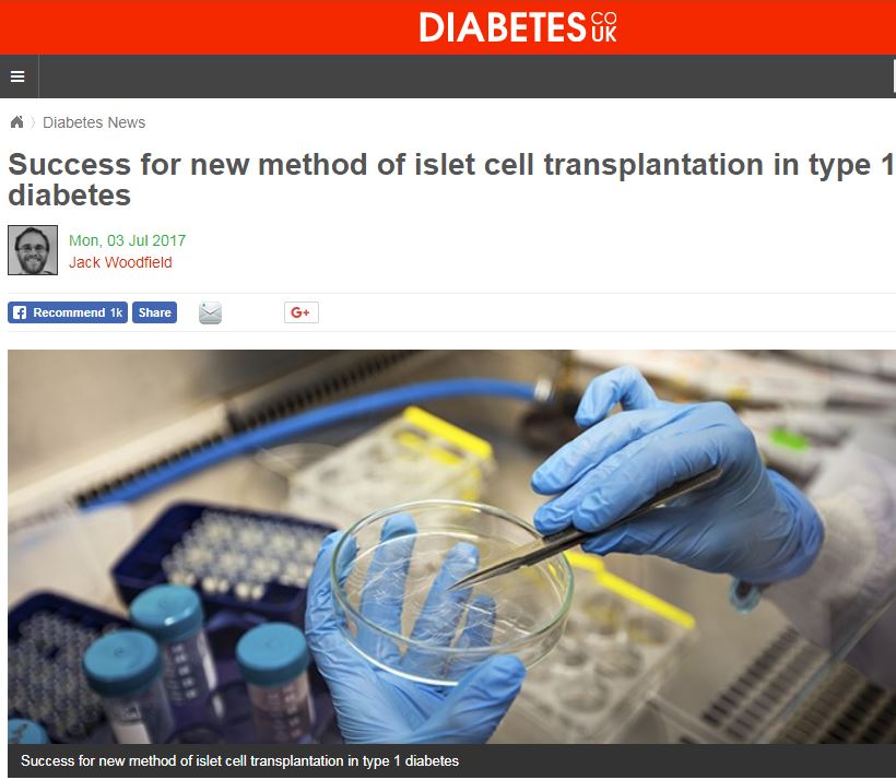 Success for new method of islet cell transplantation in type 1 diabetes